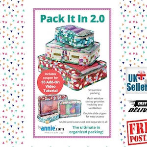 May include: Set of five colourful travel packing cubes with mesh windows and zippers. The cubes are stacked on top of each other and feature different floral and geometric patterns. The text "Pack It In 2.0" is at the top of the image. The text "The ultimate in organised packing!" is at the bottom of the image.