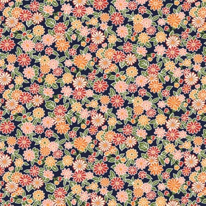 May include: A seamless pattern featuring a variety of small flowers in shades of pink, orange, red, and cream on a dark blue background. The flowers are outlined in white and have a traditional Japanese style.