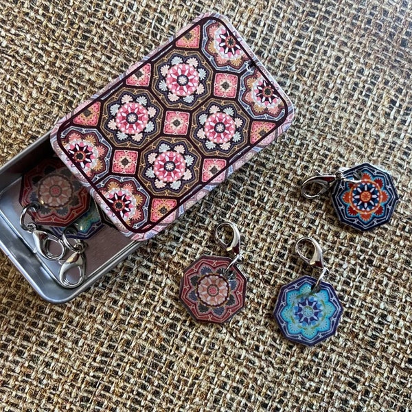 Janie Crow Persian Tiles, Crochet Stitch Markers in a tin (set of 6), Produced by Emma Ball. Height 15mm, Width 60mm, Depth 40mm.