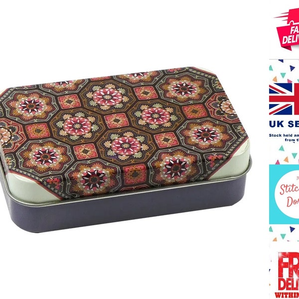 Janie Crow / Emma Ball Persian Tiles Mini Rectangular Tin with Hinged Lid H 26mm W 92mm D 72mm Perfect for Sewing and Crafting Storage.