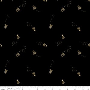 May include: Black fabric with a repeating pattern of gold bees flying in a diagonal direction. The bees are outlined in black and have a dotted line trailing behind them.