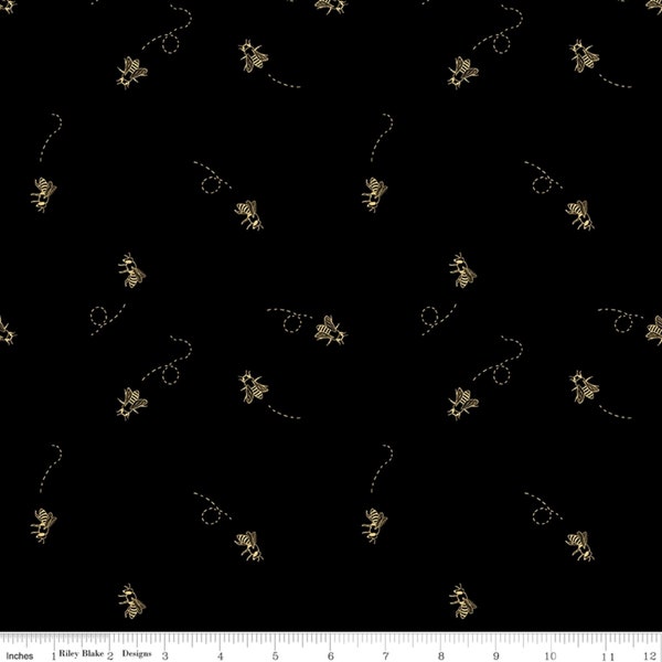 Riley Blake, The Beehive State by Shealeen Louise. C12533 BLACK. Cotton fabric for quilting, patchwork sewing projects. Gold Bees on Black