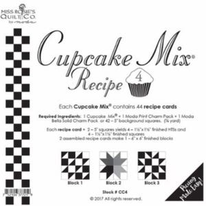 May include: Black and white image of a quilting pattern called "Cupcake Mix Recipe 4". The image shows three different quilt blocks, each with a different design. The text "Piecing Made Easy!" is also included in the image.