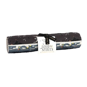 May include: Rolled fabric bundle with a dark grey pattern featuring white stars, bats, and Halloween designs. A black ribbon and a tag reading "GOOD SPIRITS" are attached. The fabric is likely for quilting or crafting.