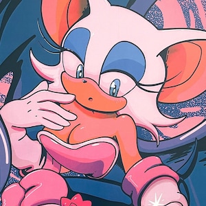 Könnte beinhalten: Ein lebendiger Kunstdruck mit Rouge the Bat und Shadow the Hedgehog. Rouge ist in Rosa und Weiß dargestellt und hält einen Edelstein. Shadow ist in Schwarz und Rot. Der Hintergrund ist eine Mischung aus Blau, Rosa und Lila.