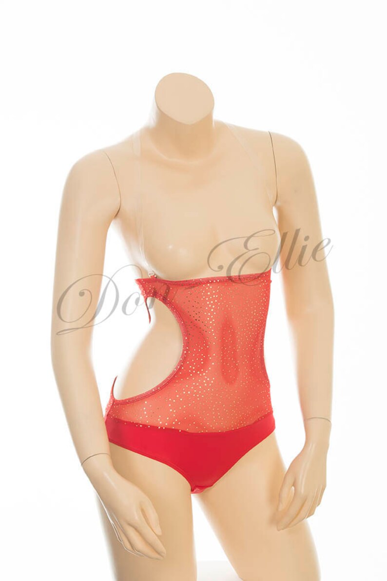 Under Bust Cut Out in Red with SPARKLEY SARKLES Silky 4 way Stretch Mesh Belly Body Stocking