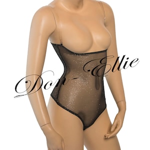 Under Bust  Belly Dance Black Body Stocking Black Stretch Mesh with Silver Glitter in Thong Style with Hold Control