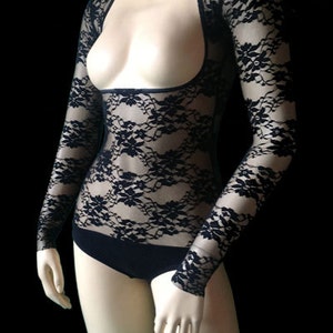 Under Bust SLEEVED Belly Dance 4 Way Stretch BLACK LACE Body Stocking with Hold Control