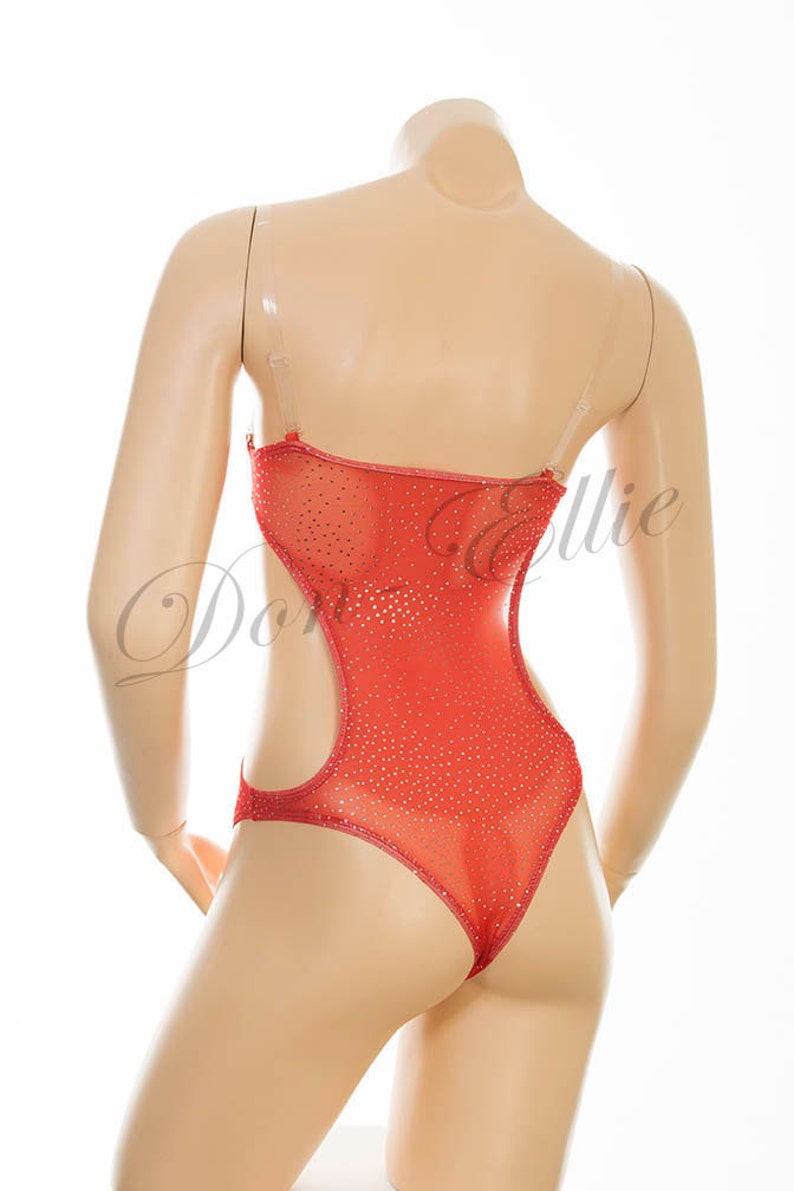 Under Bust Cut Out in Red with SPARKLEY SARKLES Silky 4 way Stretch Mesh Belly Body Stocking