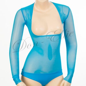 Under Bust SLEEVED Belly Dance Body Stocking, Turquoise Stretch Mesh with Hold Control