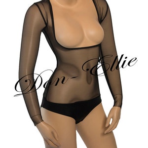 Under Bust SLEEVED Stretch Mesh Belly Dance Black Body Stocking with Hold Control