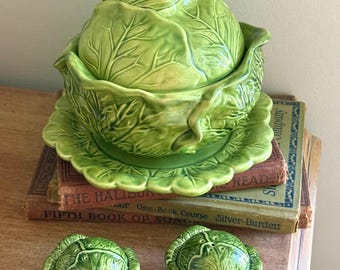 Vintage Holland Mold Ceramic Cabbage Tureen Set with Shakers
