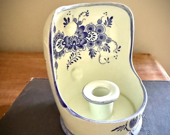 Vintage Candle Holder Delft White and Blue Ceramic Floral Scene Wall Sconce Mount