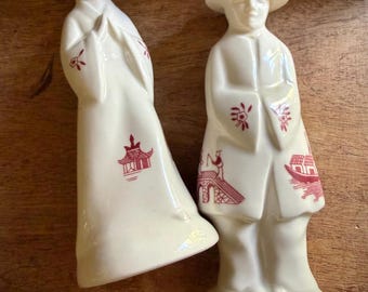 Vintage Chinoiserie Salt and Pepper Shakers: Red Willow Transferware Porcelain from England