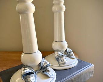 Vintage Italian Ceramic Candle Holders Blue and White Plaid Bows
