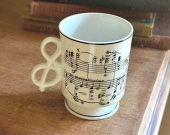 Vintage Music Note Pedestal Mug Treble Clef Handle Black White