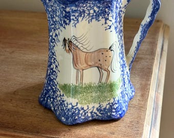 Vintage MOLLY DALLAS Pottery Pitcher Blue Spatterware painted Horse