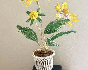 Vintage Beaded Yellow Handmade Flowers