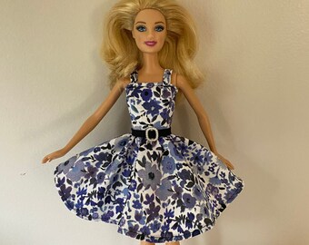 Violet Purple Floral Dress and Sash for Barbie sized fashion doll.