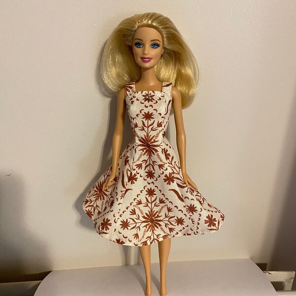 Brown and Cream Princess Seam Dress for Barbie sized fashion doll