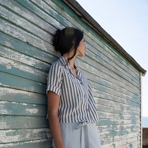 Organic Cotton Blouse in Navy and White, Women&#39;s organic cotton blouse, Handwoven Organic Cotton Blouse