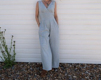 Indigo Organic Cotton Jumpsuit, 1970s Style Wide Leg