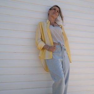 Women&#39;s Organic Cotton Shirt, Oversized Organic Cotton Shirt in Lemon Yellow and White,  Handwoven Organic Cotton Oversized Shirt