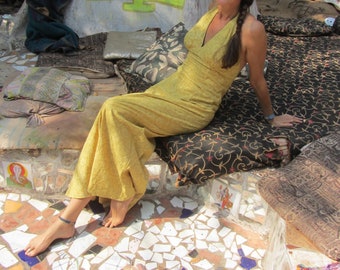 70s Boho Block Print Halter Dress, Honey Yellow Cotton, Size 10