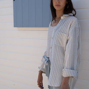 Women&#39;s Organic Cotton Shirt, Oversized Organic Cotton Shirt in Pale Blue and White Stripe, Organic cotton shirt, Oversized women&#39;s shirt