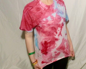 O76 - Adult Large Tie Dye T-shirt - L - Pink and blue abstract pastel goth ice dye tee hippie boho bohemian vaporwave grunge festival