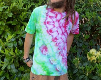 Q04 - Adult Large Tie Dye T-shirt - L - Pink purple green yinyang yogi yoga psychedelic ice dye tee hippie boho bohemian trippy vaporwave