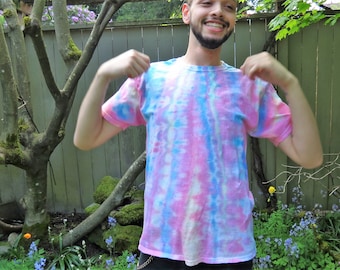 Q33 - Adult Large Tie Dye T-shirt - L - Pink blue yellow pastel goth minimalist psychedelic ice dye hippie boho bohemian trippy vaporwave
