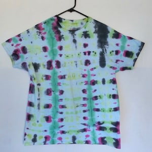 C5 - Adult large - L - Tie Dye T-shirt Green pink & black striped Lg tee shirt hip shibori unique one of a kind boho hipster hippie festival