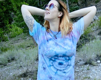 P16 - Adult Large Tie Dye T-shirt - L - Pink blue wheel ice dye tee hippie boho bohemian trippy vaporwave