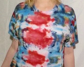 O77 - Adult Large Tie Dye T-shirt - L - Blue and red abstract pastel goth ice dye tee hippie boho bohemian vaporwave grunge festival