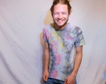 O61 - Youth Extra Large Tie Dye T-shirt - L -Purple pink grey yellow grunge ice dye tee hippie boho bohemian trippy vaporwave psychedelic