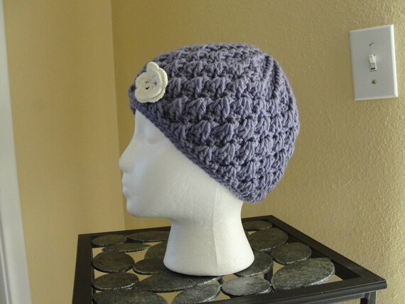 Purple Crpchet Handmade Hat With Crocheted White Flower - Etsy