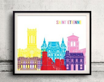 Saint Etienne skyline pop - Fine Art Print Glicee Poster Gift Illustration Pop Art Colorful Landmarks - SKU 2425