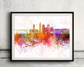 Oporto V2 skyline in watercolor background 8x10 in. to 12x16 in. Poster Digital Wall art Illustration Print Art Decorative - SKU 2837