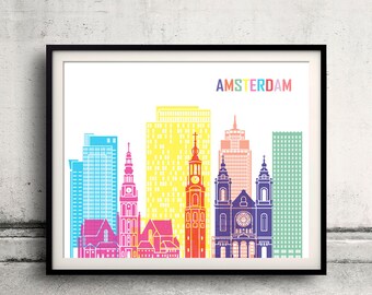 Amsterdam V2 skyline pop - Fine Art Print Glicee Poster Gift Illustration Pop Art Colorful Landmarks - SKU 2361