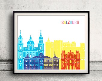 Salzburg skyline pop - Fine Art Print Glicee Poster Gift Illustration Pop Art Colorful Landmarks - SKU 2547
