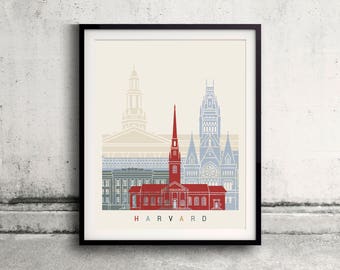 Harvard skyline poster - Fine Art Print Landmarks skyline Poster Gift Illustration Artistic Colorful Landmarks - SKU 2470