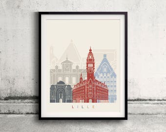 Lille skyline poster - Fine Art Print Landmarks skyline Poster Gift Illustration Artistic Colorful Landmarks - SKU 2490