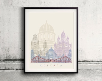 Kolkata skyline poster - Fine Art Print Landmarks skyline Poster Gift Illustration Artistic Colorful Landmarks - SKU 2482