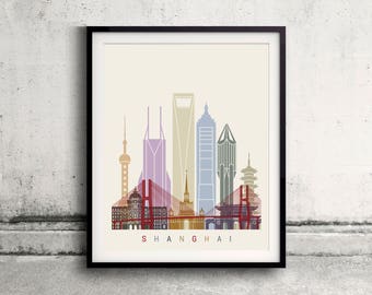 Shanghai skyline poster - Fine Art Print Landmarks skyline Poster Gift Illustration Artistic Colorful Landmarks - SKU 2428