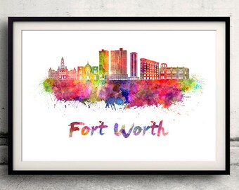 Fort Worth skyline in watercolor over white background with name of city - Poster Wall art Illustration Print - SKU 2079