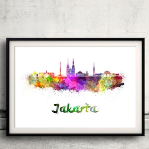 Jakarta skyline in watercolor over white background with name of city - Poster Wall art Illustration Print - SKU 2069