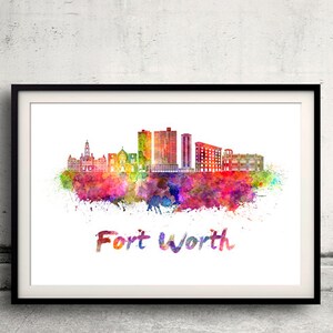 Fort Worth skyline in watercolor over white background with name of city - Poster Wall art Illustration Print - SKU 2079