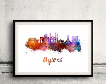 Algiers skyline in watercolor over white background with name of city - Poster Wall art Illustration Print - SKU 2176