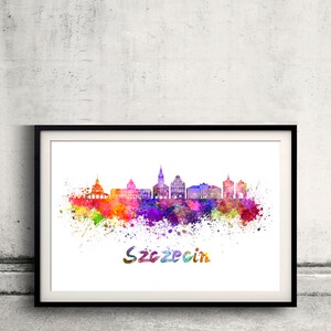 Szczecin skyline in watercolor over white background with name of city - Poster Wall art Illustration Print - SKU 2805